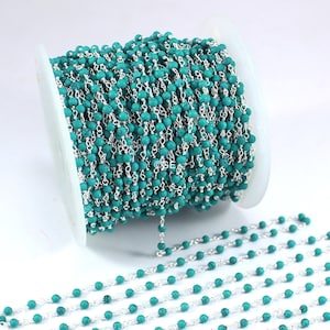 Green Turquoise Rosary Beaded Chain: Brass Wire Wrapped Connector, 2mm