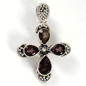 Smoky Quartz Cross Pendant: 925 Sterling Silver Necklace