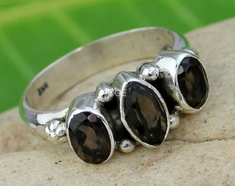 Bague quartz fumé faite main, argent sterling 925, bague trois pierres