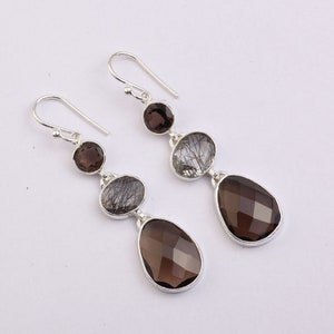 925 Sterling Silver Earring Jewelry Natural Smoky Black Rutile Gemstone Earring Jewelry impressive Long Silver Gemstone Earring Jewellery