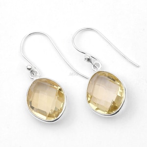 Checker Cut Citrine 925 Sterling Silver Gemstone Earrings