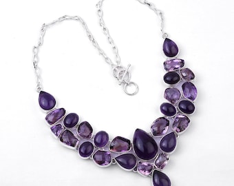 Collar de amatista en plata de ley hecho a mano: joyería bohemia con piedras preciosas en bruto