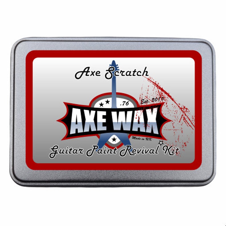 May include: A silver tin with a red border and a white label. The label has the text "Axe Scratch" and "Axe Wax" in a stylized font. The label also includes the text "Guitar Paint Revival Kit" and "Est. 2010".