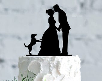 Wedding with dog cake topper- Silhouette wedding cake topper,Personalized cake topper, Personalized wedding Cake Topper, wedding cake topper