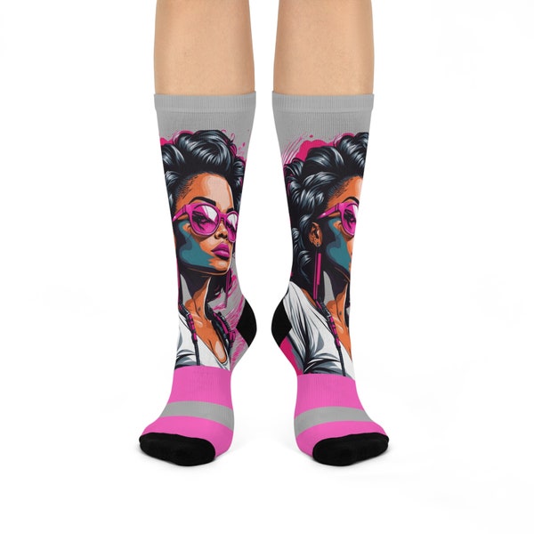 Studious Girl 1 | Gray Socks | Pink Stripe Crew Sock