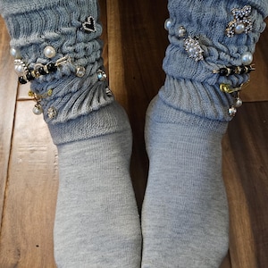 Charm Slouch Socks: Gray Knitted Cotton Blend, Personalized