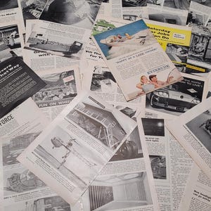 Pages de magazine vintage des années 1950-60. Voitures/camions/plaines/bateaux/machines. Éphémères, courrier indésirable/Scrapbooking/Loisirs créatifs