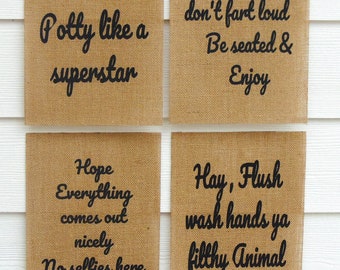 4 Printed Funny Bathroom Wall Hangings | Bathroom Quotes and Sayings | Set of Four PCS Unframed | Great Gift for Bathroom Decor