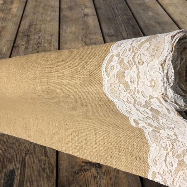 Wedding Aisle Runner in Burlap and Lace - Available in 40-inch and 48-inch Widths with White Floral Lace Trim, Modern Rustic County Design