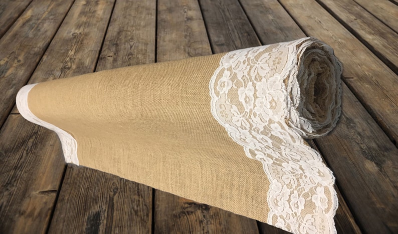 Wedding Aisle Runner in Burlap and Lace Available in 40-inch and 48-inch Widths with White Floral Lace Trim, Modern Rustic County Design image 1