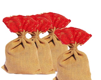 Weihnachtssack | 13-14 X 20 Zoll | Rotes Band Spitze Mund Jute Sack | Hochzeitstasche | Natur Geschenktasche Biologisch abbaubarer Sack