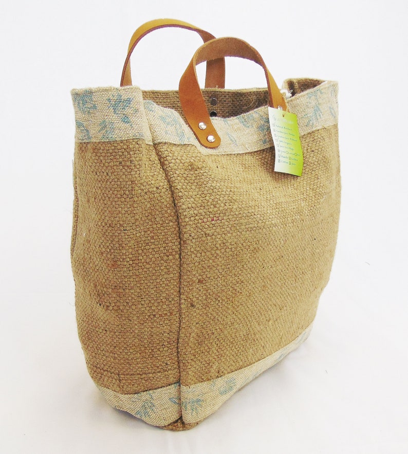 Burlap Tote Bag With Genuine Leather Handles 14x11x6 Inch Etsy
