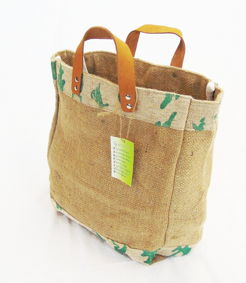 Burlap Tote Bag With Genuine Leather Handles 14x11x6 Inch Etsy
