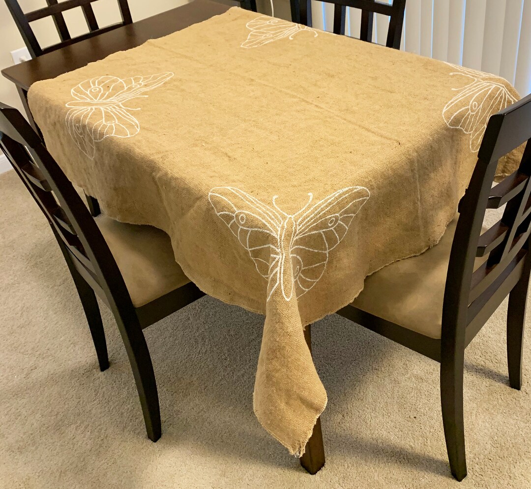 Jute Burlap Square Table Toppers Tablecloth, Corner Printed White