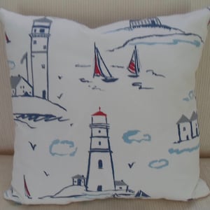 LIGHTHOUSES & SAILBOATS seashore, beach theme in white, blue and red