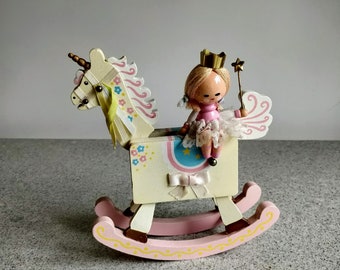 Sammlerstück Vintage Unesco Rocking Musical Einhorn Holz Figur 1983
