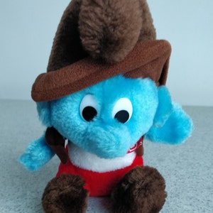 Collectible Vintage  8&quot; Sitting Cowboy Smurf With Vest and Bandana Plush Toy /Collectible Peyo 1983 Smurf Plush Doll