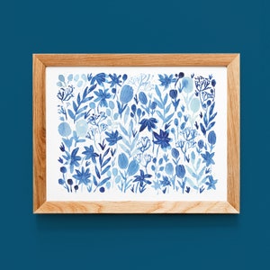 10x8 Art Print, Field, Blue Flowers, Watercolor Print, Floral Painting