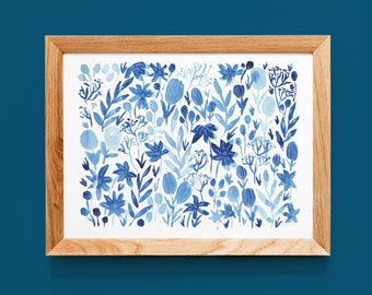 10x8 Art Print, Field, Blue Flowers, Watercolor Print, Floral Painting