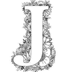 Carta J Monogramimprimible - Impresión monograma - Monograma de vivero 8x10 pulgadas - Floral Monogram Wall Art, Negro y Blanco, Impresión, Decoración del hogar