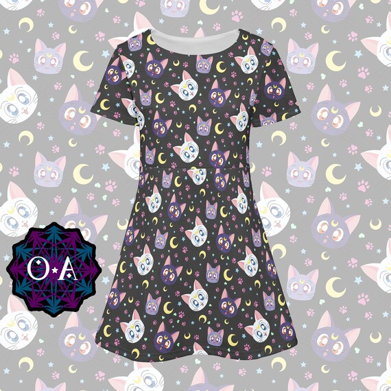 sailor moon cat dress  sailor moon short sleeve dress anime dress cartoon  dress luna dress artemis dress diana dress