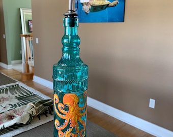 Octopus olive oil dressing bottle hand painted 12”x3”