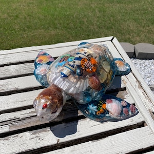 Extra large sea turtle resin Art 12inx12in for porch garden home decor ocean beach theme very colorful!!