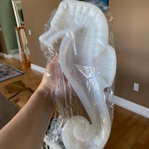 Peut inclure: Un moule en silicone blanc translucide en forme d'hippocampe, présentant des crêtes détaillées le long du dos, une queue courbée et une nageoire proéminente. Le moule est enveloppé dans un emballage protecteur en plastique transparent.