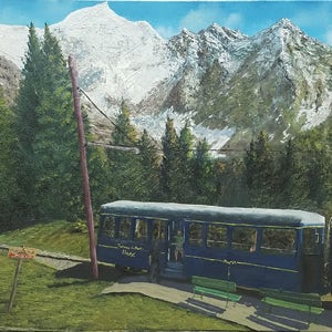 18×24 in. Original landscape oil painting of beautiful view of Mont Blanc with tram/train stop in foreground.Snow, evergreen trees,mountains