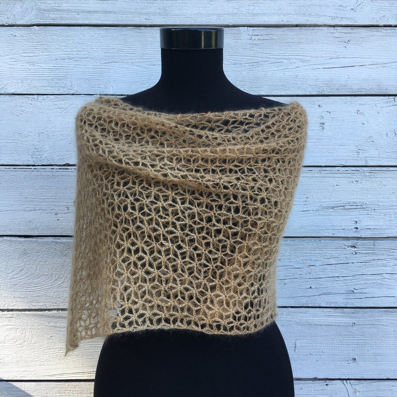 Lace Beige Light Brown Scarf Crochet Shawl Wrap Soft Kid Mohair Silk Wool Knit Wedding Bridal Bridesmaid Autumn Fall Winter Evening Stole
