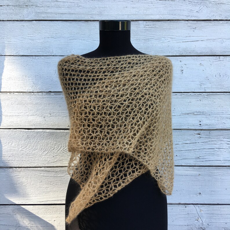 Lace Beige Light Brown Scarf Crochet Shawl Wrap Soft Kid Mohair Silk Wool Knit Wedding Bridal Bridesmaid Autumn Fall Winter Evening Stole