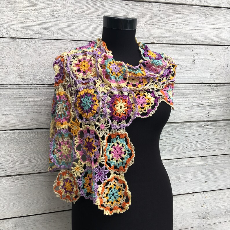 Crochet Shawl Wrap Pattern PDF Chart and Diagram Lace Summer Scarf Written Tutorial Spring Granny Square Round Motif Multicolor Stole