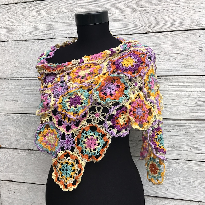 Crochet Shawl Wrap Pattern PDF Chart and Diagram Lace Summer Scarf Written Tutorial Spring Granny Square Round Motif Multicolor Stole