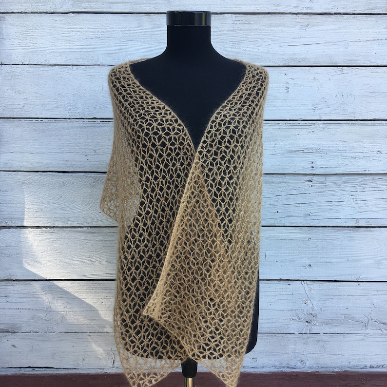 Lace Beige Light Brown Scarf Crochet Shawl Wrap Soft Kid Mohair Silk Wool Knit Wedding Bridal Bridesmaid Autumn Fall Winter Evening Stole