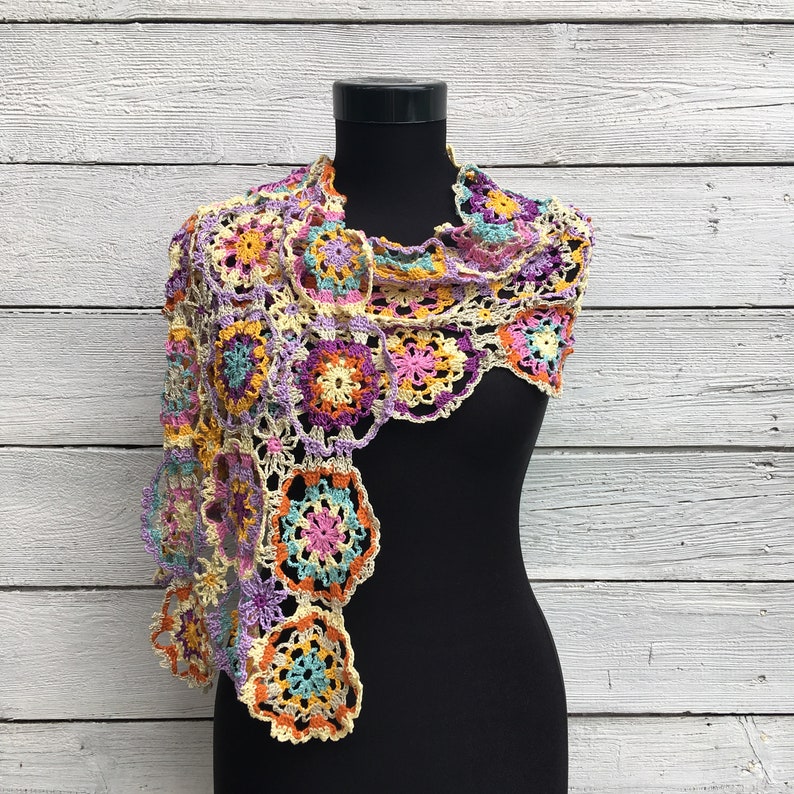 Crochet Shawl Wrap Pattern PDF Chart and Diagram Lace Summer Scarf Written Tutorial Spring Granny Square Round Motif Multicolor Stole