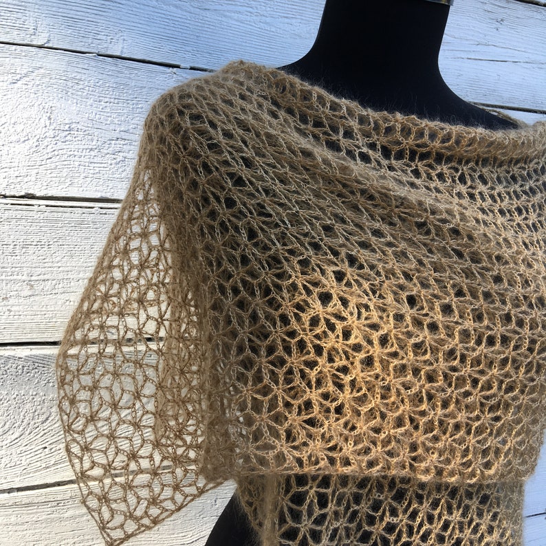 Lace Beige Light Brown Scarf Crochet Shawl Wrap Soft Kid Mohair Silk Wool Knit Wedding Bridal Bridesmaid Autumn Fall Winter Evening Stole