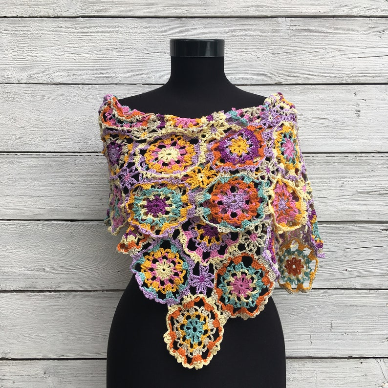 Crochet Shawl Wrap Pattern PDF Chart and Diagram Lace Summer Scarf Written Tutorial Spring Granny Square Round Motif Multicolor Stole