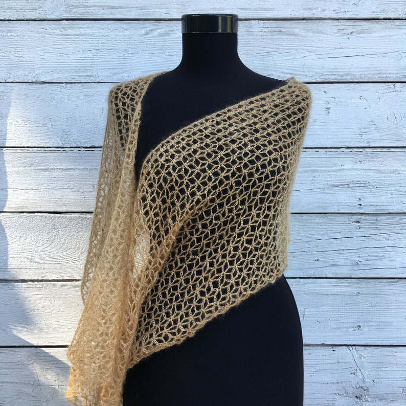 Lace Beige Light Brown Scarf Crochet Shawl Wrap Soft Kid Mohair Silk Wool Knit Wedding Bridal Bridesmaid Autumn Fall Winter Evening Stole