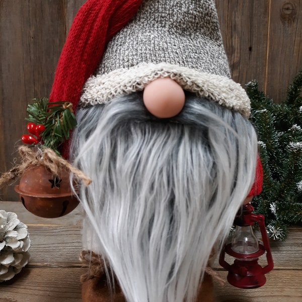 Rustic Woodsy Winter Gnome Red/Grey Tomte Nisse with Lantern 12" Tall