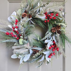 Christmas Wreath with eucalyptus and pine with red berries Winter home decor for door porch or entryway Winter wedding housewarming gift