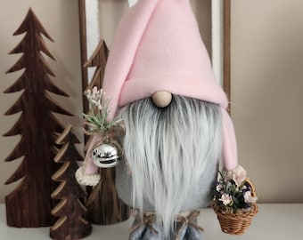 Rustic Woodsy Pink Spring Gnome Shelf Sitter Tomte Nisse Cottage Home Decor with Flower Basket Farmhouse  Easter Gift  for Collector