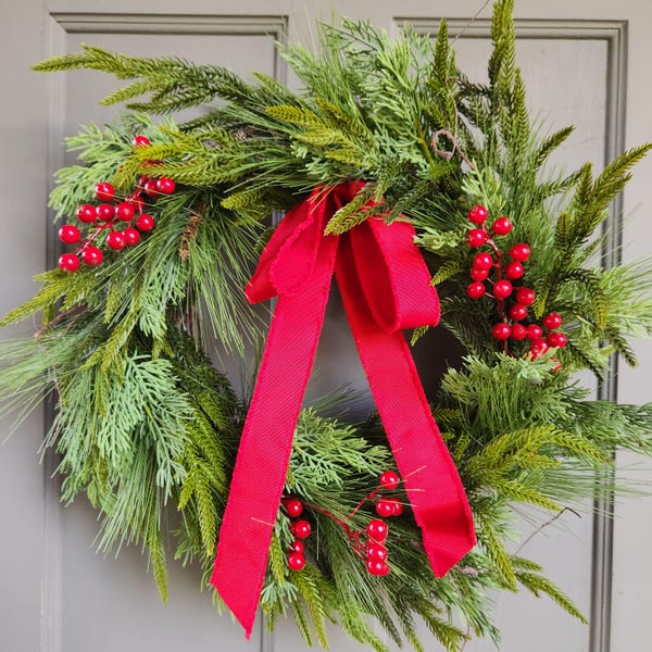 Christmas Norfolk pine and red berries Wreath with red linen bow farmhouse Winter cedar door or porch decor Mixed greens holiday decoration