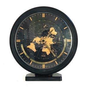 Vintage KUNDO table Clock 80's Quartz, World Map and time. Mid century modern