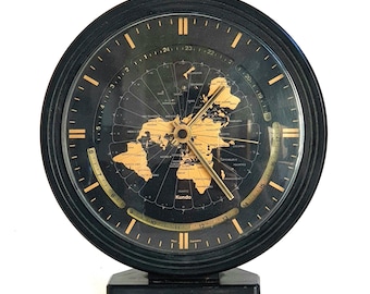Vintage KUNDO table Clock 80's Quartz, World Map and time. Mid century modern