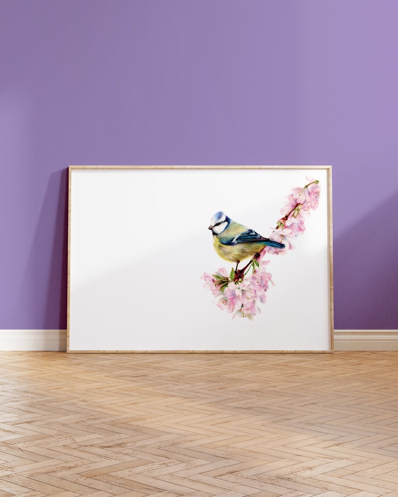 Blue Tit and Blossom A5 Print Garden Bird Wildlife Gift image 1