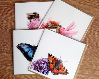 Pollinator Cards / Pack of 4 / Greetings Card / Blank Inside / Wildlife Cards