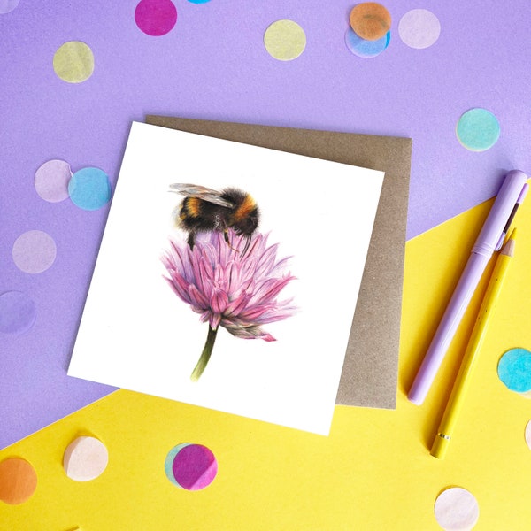 Bee And Clover Flower Card, Bumblebee Illustration, Eco-Friendly