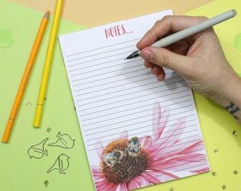 A5 Bee and Echinacea Print Lined Notepad, Great For Shopping Lists