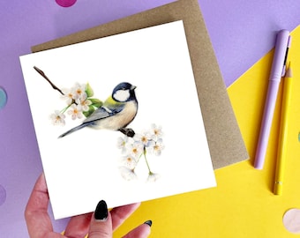 Great Tit and Blossom Greeting Card | Cute Bird Birthday