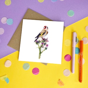 Goldfinch and Thistle Greeting Card Cute Bird Birthday Botanical Art image 1